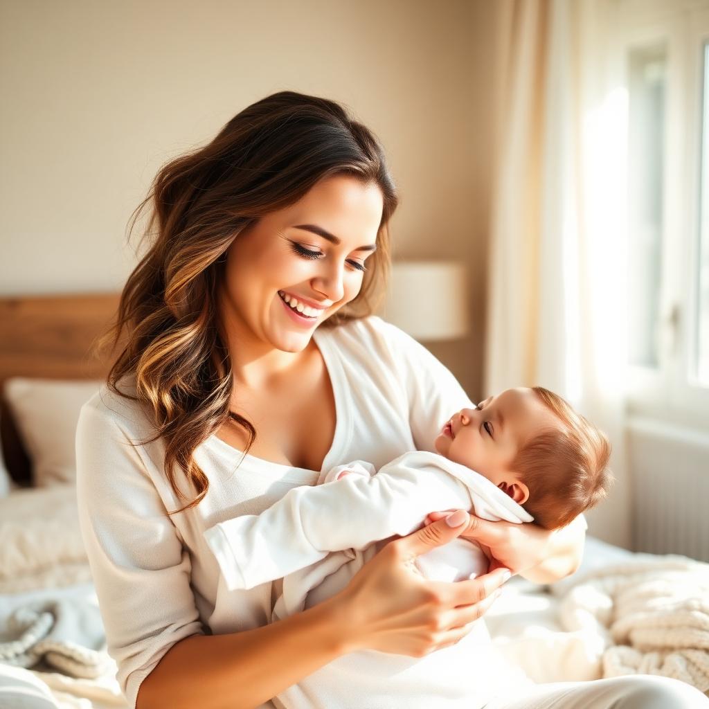 Mãe descansada sorrindo com bebê tranquilo pela manhã