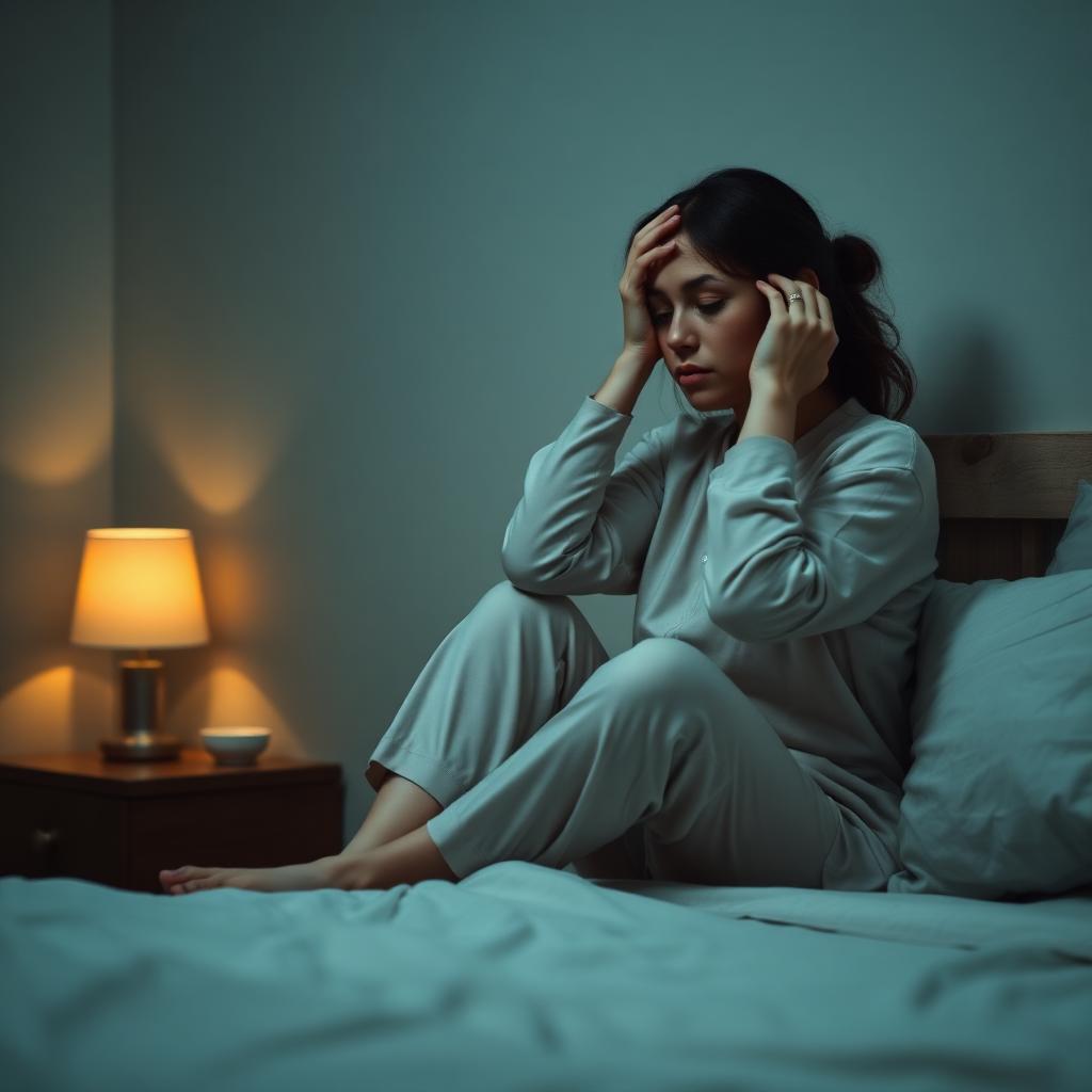 Mãe exausta sentada na cama à noite